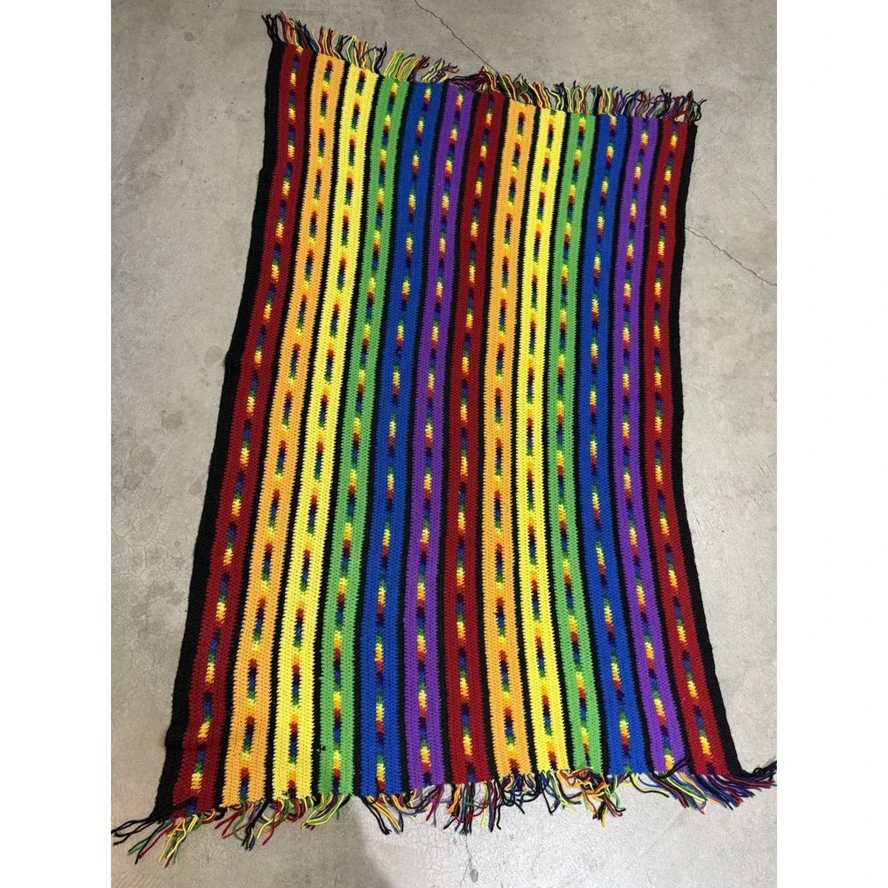Vintage Handmade Crochet Afghan Blanket Rainbow Striped Fringe 78x47‎ Boho Retro